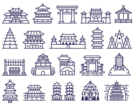Traditional Asian Palaces and Temples Line Iconsのイラスト素材