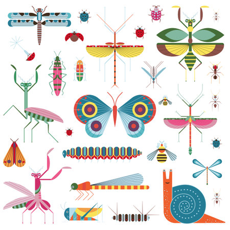 Meadow Insects and Geometric Bugs Icon Setのイラスト素材