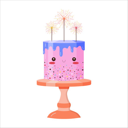 Cute Birthday Cake with Burning Bengal Lightsのイラスト素材