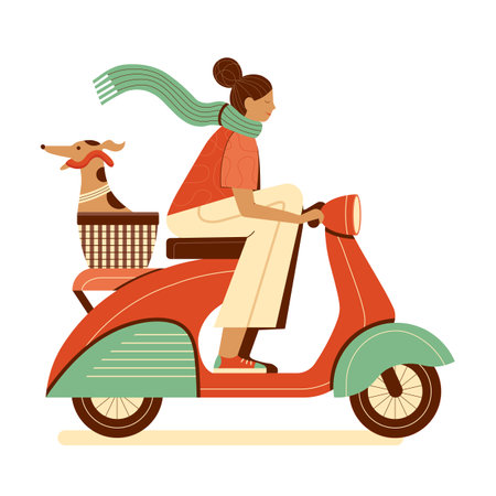 Girl with Greyhound Dog in Basket Ride Scooterのイラスト素材