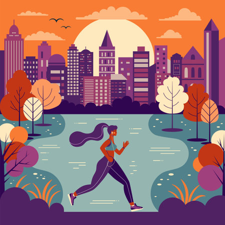 Young Woman Run on Public Park by Sunsetのイラスト素材
