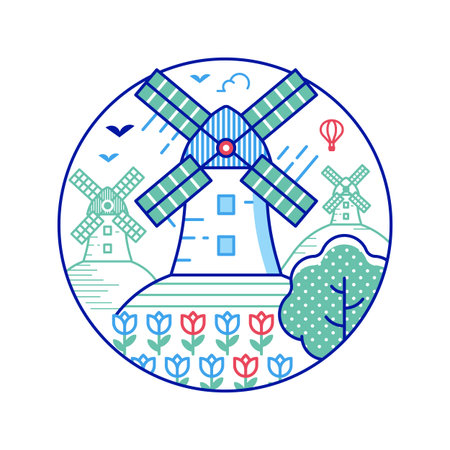 Travel Netherlands Circle Icon with Dutch Millsのイラスト素材
