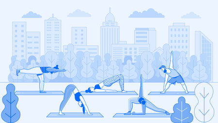 People Practicing Yoga in Open Air City Parkのイラスト素材
