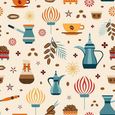 Arabic Coffee with Dates on Arabesque Patternのイラスト素材