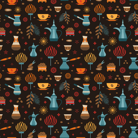 Arabic Coffee with Dates on Arabesque Patternのイラスト素材