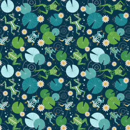 Swimming Frogs Pattern with Toads on Lily Pondのイラスト素材