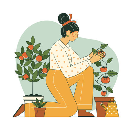 Woman Growing Veggies Spring Gardening Sceneのイラスト素材