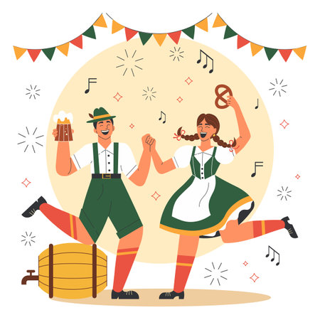 Bavarian Couple Dancing on Oktoberfest Sceneのイラスト素材