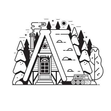 Snowy Winter House with Logs in Forestのイラスト素材