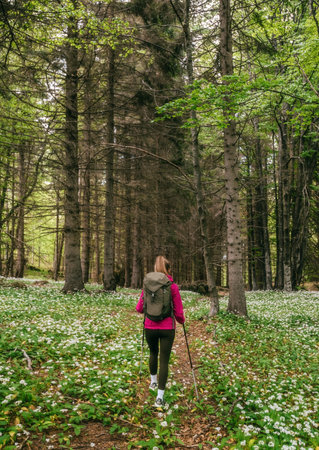 Female Walking in Flowering Wild Forest Clearing