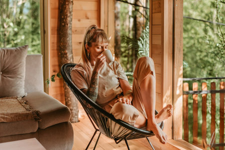 Woman Enjoying Coffee Inside Log Cabinの写真素材