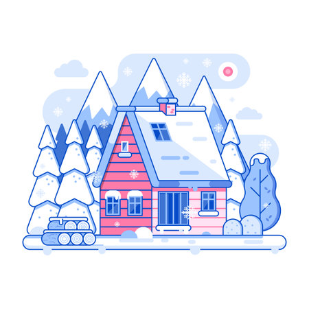 Winter Rural Home on Snowy Landscape in Line Artのイラスト素材