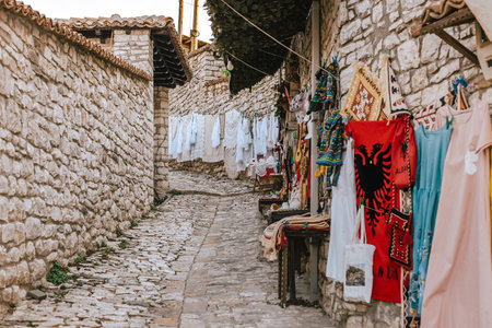 Vendor Street with Traditional Souvenirs in Berat Castleの写真素材