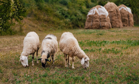 Sheep Gazing in Lush Green Summer Fieldの写真素材