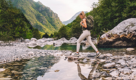 Woman Adventure Traveler Trekking in Albanian Alpsの写真素材