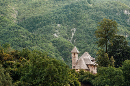 Landscape with Church of Theth in Albanian Alps