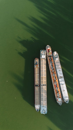 Aerial Drone Landscape of Cargo Ships on Riverの写真素材
