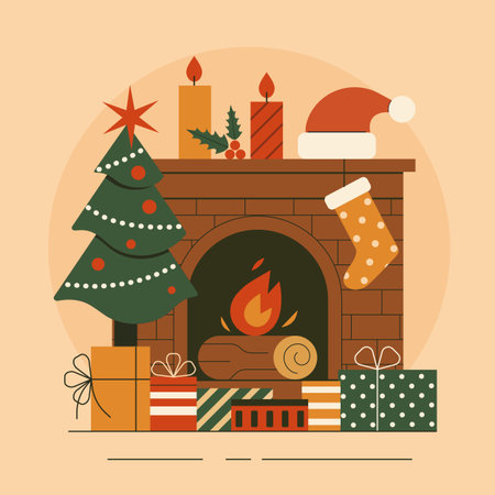 Cozy Christmas Fireplace Scene with Christmas Treeのイラスト素材