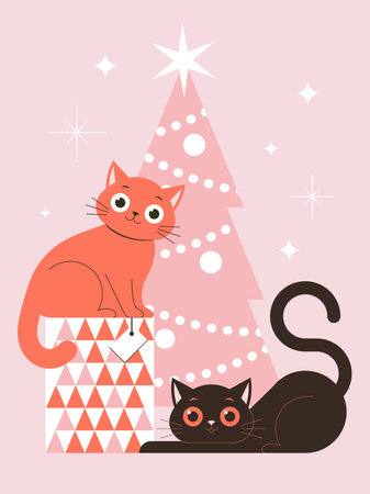 Christmas and New Year Greeting Card with Catsのイラスト素材
