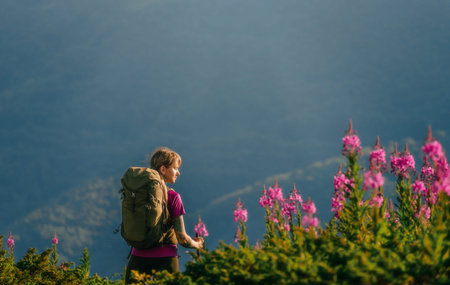 Woman with Tourist Backpack Hiking in Mountains