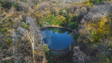 Aerial Landscape of Popovicko Lake in Autumn Forest