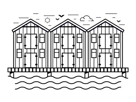 Surfing Beach Huts Seaside Icon in Line Artのイラスト素材