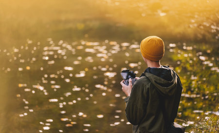Man Operating Drone Using Remote Controllerの写真素材
