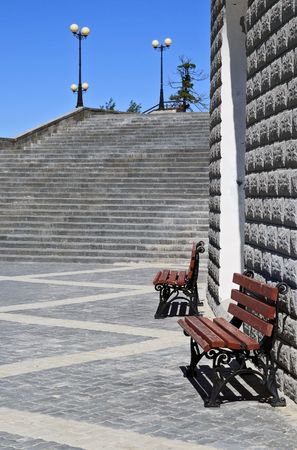 Elements of modern architecture- benches, a ladder and lanterns の写真素材