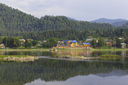 Russia, Altai, view of the village Iogach at the mouth of Lake Teletskoyeのeditorial素材
