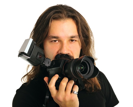 Portrait photographer with a camera on a white backgroundの写真素材