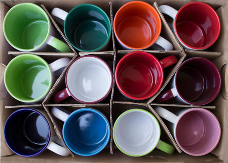 Several new colorful mugs in a carton