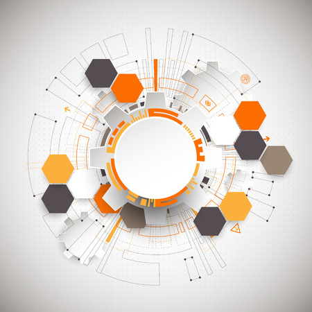 Abstract orange colored technological background with various technological elements. Structure pattern technology backdrop. Vectorのイラスト素材