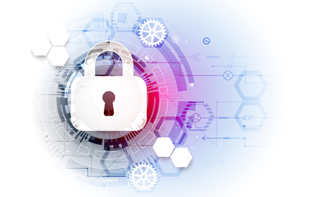Secure digital space. Virtual confidential, structure point connection, programming protection, padlock scheme system, vector illustrationのイラスト素材