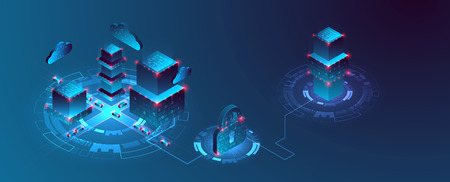 Isometric big data flow processing concept, cloud database. Abstract technology background. Vector illustrationのイラスト素材