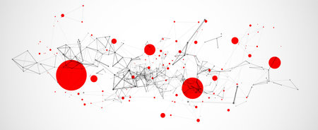 Template for science and technology presentation. Plexus style background with red spots.