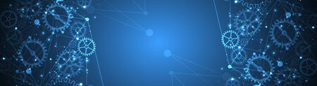 Abstract blue technological background. Structure square pattern with cogwheels and plexus effect. Vectorのイラスト素材