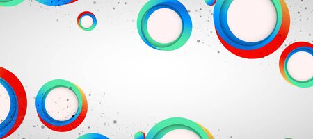 Multicolored circles arranged on a plexus abstraction for use in scientific or technical fields. Geometric abstract background with connected dots and lines.のイラスト素材