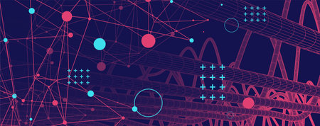 Vector abstract background with a wireframe dynamic pipes, line and particles. Plexus effect.