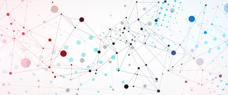Template for science and technology presentation. Circles are connected by lines. Plexus style...