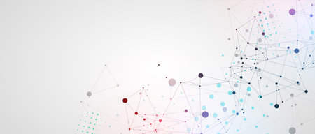 Template for science and technology presentation. Circles are connected by lines. Plexus style...