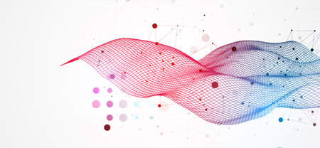 The abstract wave is made in a frame style in a bright gradient color. Template for science and...