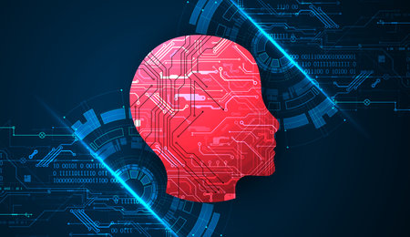 Abstract background on the theme of artificial intelligence. Red head shape with technological...