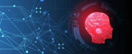 Abstract background on the theme of artificial intelligence. Red head shape with technological elements inside the contour.のイラスト素材