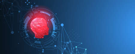 Abstract background on the theme of artificial intelligence. Red head shape with technological elements inside the contour.のイラスト素材