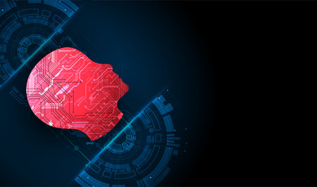 Abstract background on the theme of artificial intelligence. Red head shape with technological...