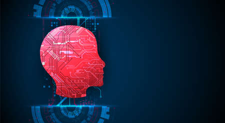 Abstract background on the theme of artificial intelligence. Red head shape with technological elements inside the contour.のイラスト素材