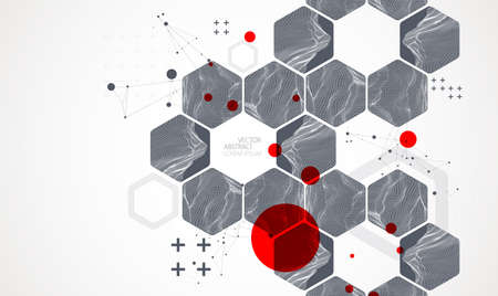 Modern science or technology abstract background using hexagonal shapes. Wireframe spot surface illustration. Vector.のイラスト素材