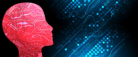 Abstract background on the theme of artificial intelligence. Head /brain shape with technological elements inside the contour.のイラスト素材