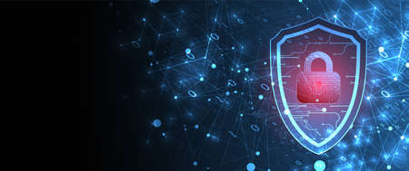 Technological abstract background on the topic of information protection and computer security. Shield with the image of a padlock in the middle.のイラスト素材