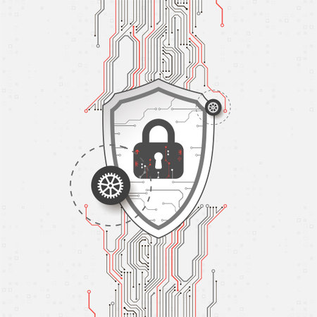 Technological abstract background on the topic of information protection and computer security. Shield with the image of a padlock in the middle.のイラスト素材